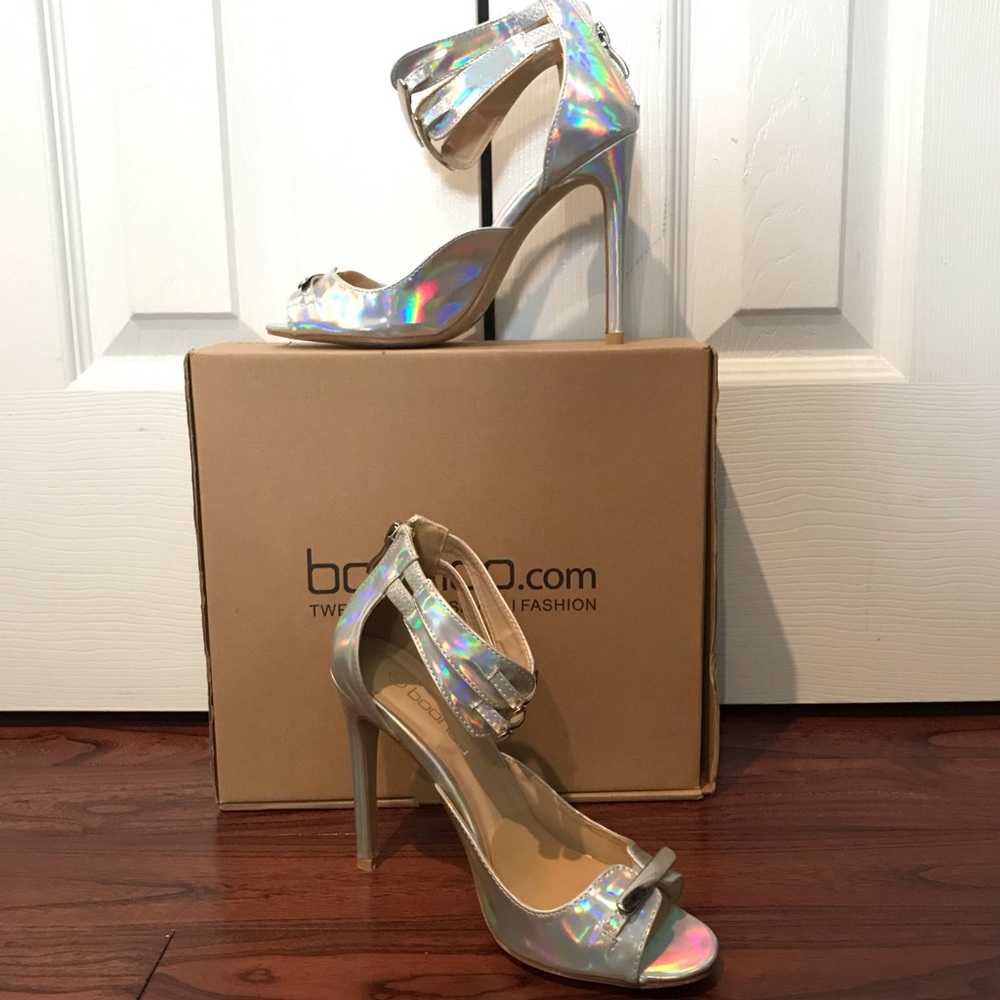 Holographic metallic silver high heels